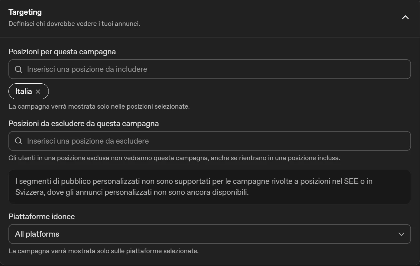 ChatGPT Ads Manager: targeting della campagna
